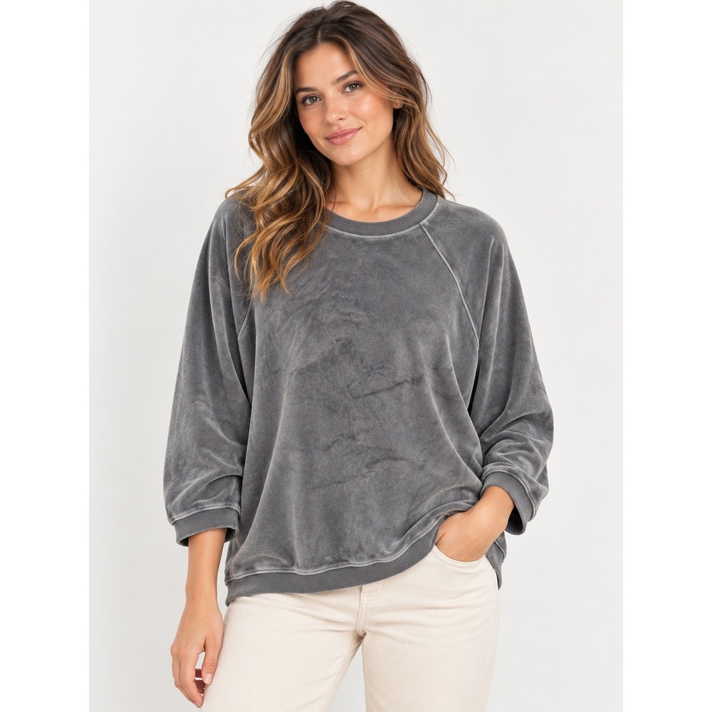 Aerie Grey Velour Oversized Sweatshirt L Crewneck 3/4 Sleeve Cozyโ Loungewear